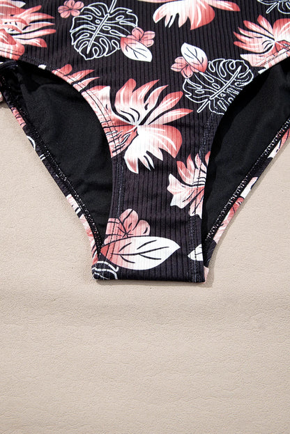 Tropical Colorblock Ribbed High Waist Bikini Swimsuit
