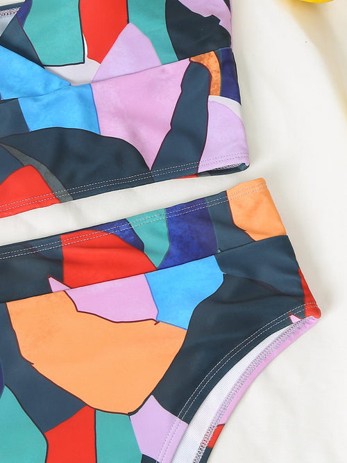 Geometric Colorful Bikini Sets Ruffled 2 Piece Split Push Up