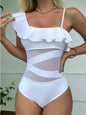 White Ruffle One-Shoulder Mesh One-Piece Swimsuit