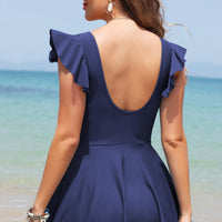 Black Ruffled Short Sleeve Lace Trim V Neck One Piece Swim Dress