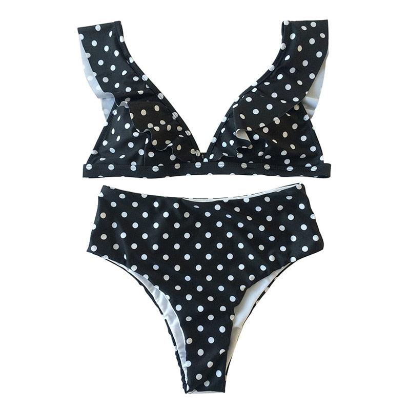 Vintage Black White Poka-Dot  Bikini High Waist Swimwear