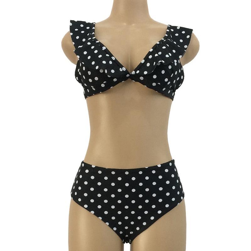 Vintage Black White Poka-Dot  Bikini High Waist Swimwear