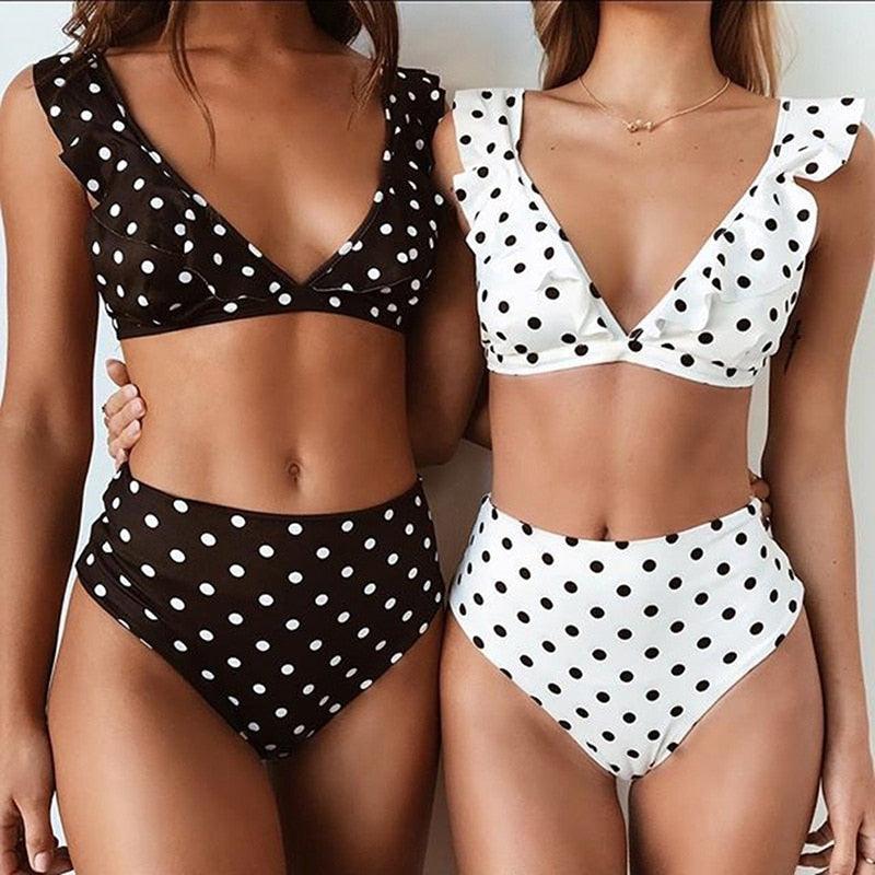 Vintage Black White Poka-Dot  Bikini High Waist Swimwear